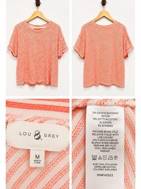 Lou & Grey Coral & White Diagonal Stripe Short Sleeve Top Size M